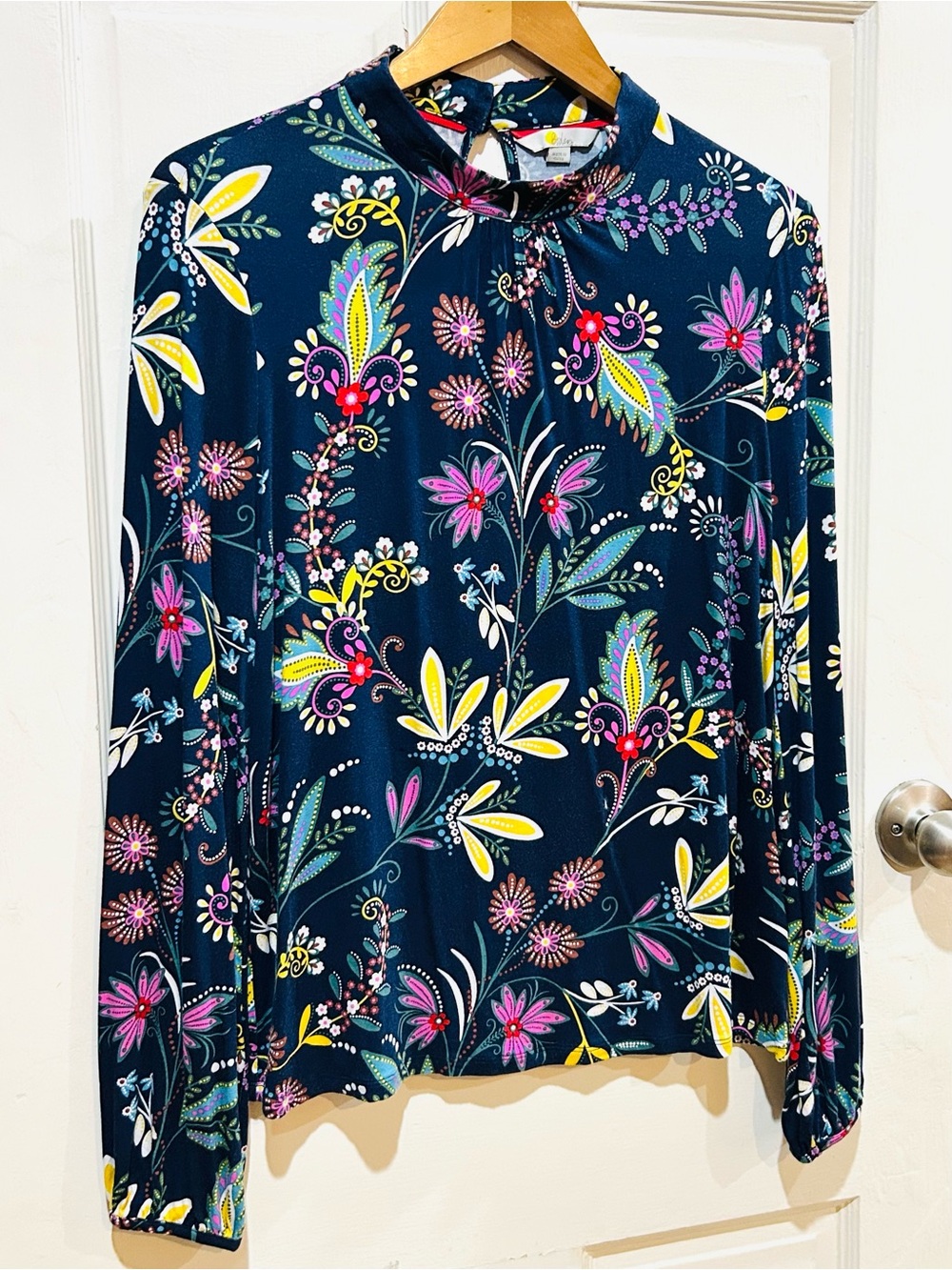 Boden Navy Floral Mock Neck Long Sleeve Top Boho Paisley British Style Size 10